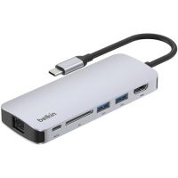 Belkin AVC008fqSGY-V2 6-Port USB-C Hub - USB-C to 2xUSB-A, 1xUSB-C, 1xEthernet, 1x8K HDMI, 1xSD Reader - 5Gbps - Docking Station - Grey
