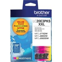 Brother LC20E3PKS Cyan/Magenta/Yellow Extra High Yield Ink Cartridge, 3/Pack