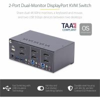 StarTech 2-Port Dual-Monitor DisplayPort KVM Switch, 4K 60Hz, 2x USB 5Gbps Ports, 2x USB 2.0 Ports, TAA Compliant - P2DD46A2-KVM-SWITCH