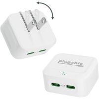 Plugable PS-40C2W Dual USB C Wall Charger, 40W Foldable 2-Port Flat USB C Fast Charger Block, USB-C Power Adapter - White