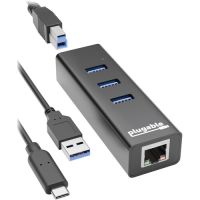 Plugable USB3-HUB3ME Travel Compact USB 3.0 Hub with Gigabit LAN – USB-C/A Compatible with Windows, macOS, Linux & ChromeOS