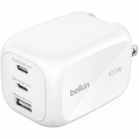 Belkin WCH016dqWH 100W GaN 3-Port USB Wall Charger - 1xUSB-A, 2xUSB-C - Foldable Prongs - Power Adapter - White