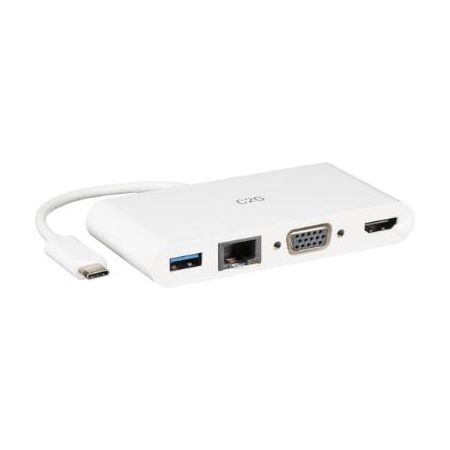 C2G USB Type-C to HDMI, VGA, USB Type-A, and RJ45 Multiport Adapter (White) - C2G29829