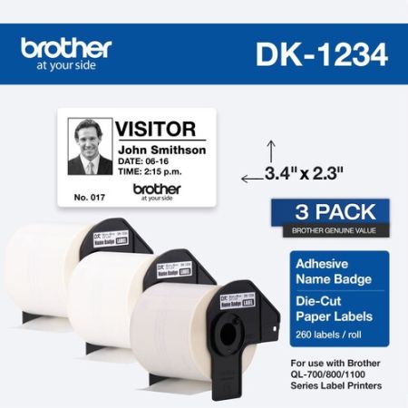 Brother DK1234 Die-Cut Name Badge Paper Labels (White, 260 Labels, 2.3 x 3.4