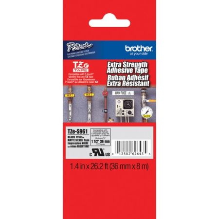 Brother TZeS961 Tape with Extra Strength Adhesive for P-Touch Labelers (Black on Matte Silver, 1.4