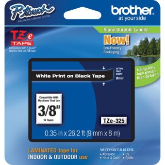 Brother TZE-325 Laminated Tape for P-Touch Labelers (White on Black, 0.38