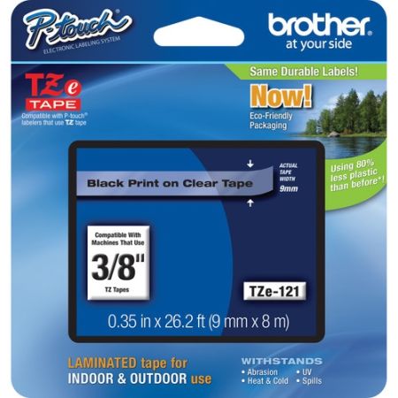 Brother TZE-121 Laminated Tape for P-Touch Labelers (Black on Clear, 0.38