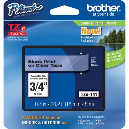 Brother TZE-141 Laminated Tape for P-Touch Labelers (Black on Clear, 0.75