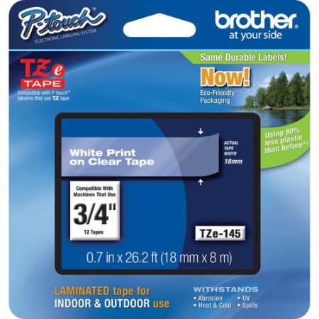 Brother TZE-145 Laminated Tape for P-Touch Labelers (White on Clear, 0.75