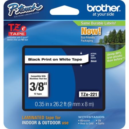 Brother TZE-221 Laminated Tape for P-Touch Labelers (Black on White, 0.38