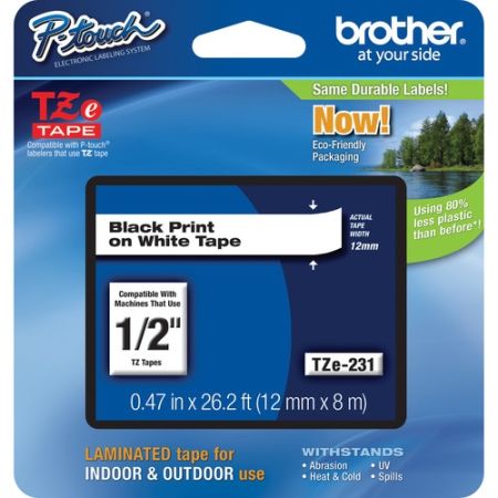 Brother TZE-231 Laminated Tape for P-Touch Labelers (Black on White, 0.5