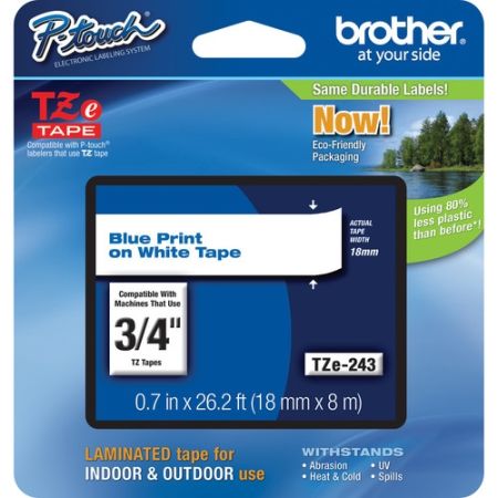 Brother TZE-243 Laminated Tape for P-Touch Labelers (Blue on White, 0.75