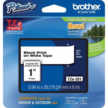 Brother TZE-251 Laminated Tape for P-Touch Labelers (Black on White, 1