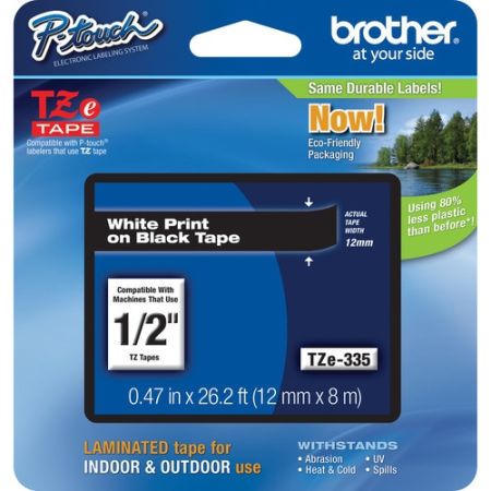 Brother TZE-335 Laminated Tape for P-Touch Labelers (White on Black, 0.5