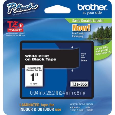 Brother TZE-355 Laminated Tape for P-Touch Labelers (White on Black, 1