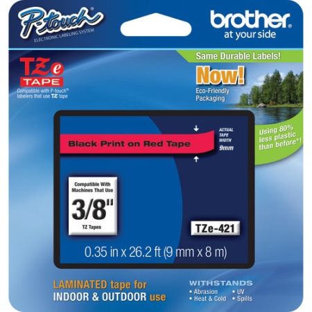 Brother TZE-421 Laminated Tape for P-Touch Labelers (Black on Red, 0.38