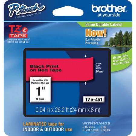 Brother TZE-451 Laminated Tape for P-Touch Labelers (Black on Red, 1