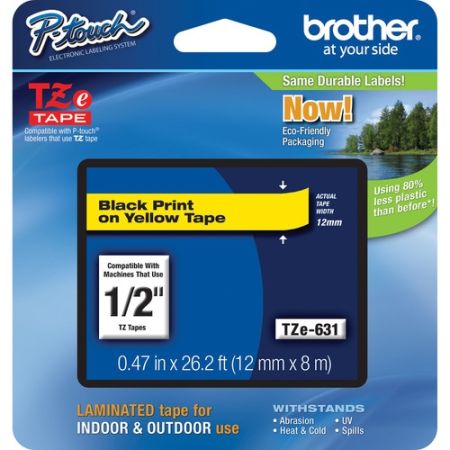 Brother TZE-631 Laminated Tape for P-Touch Labelers (Black on Yellow, 0.5