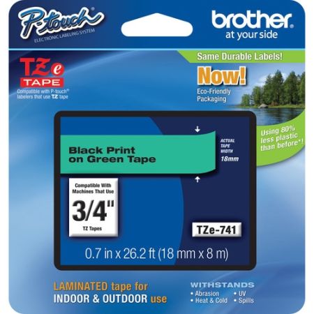 Brother TZE-741 Laminated Tape for P-Touch Labelers (Black on Green, 0.75