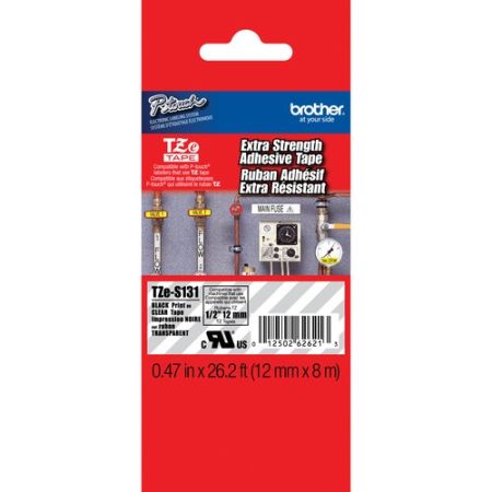 Brother TZE-S131 Tape with Extra Strength Adhesive for P-Touch Labelers (Black on Clear, 1/2