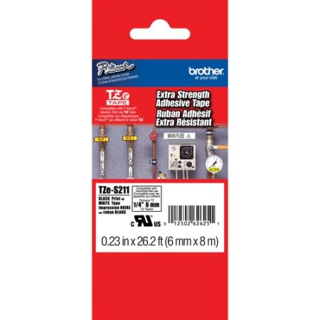 Brother TZE-S211 Tape with Extra Strength Adhesive for P-Touch Labelers (Black on White, 1/4