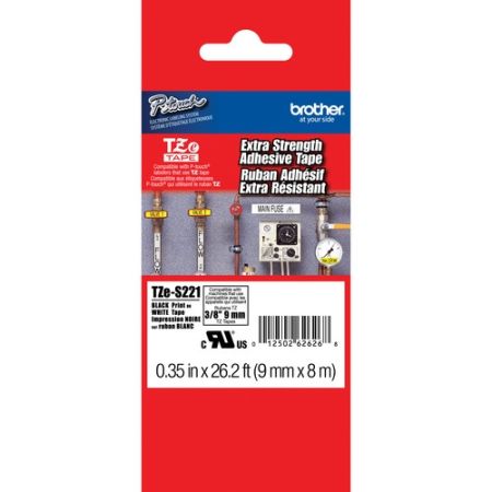 Brother TZE-S221 Tape with Extra Strength Adhesive for P-Touch Labelers (Black on White, 3/8