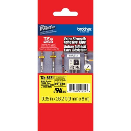 Brother TZE-S621 Tape with Extra Strength Adhesive for P-Touch Labelers (Black on Yellow, 3/8