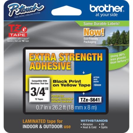 Brother TZeS641 Tape with Extra Strength Adhesive for P-Touch Labelers (Black on Yellow, 3/4